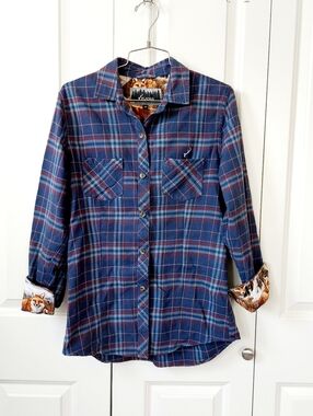 Fox Blue Plaid Flannel Pladra Shirt  Medium 100% Cotton Made In USA Western